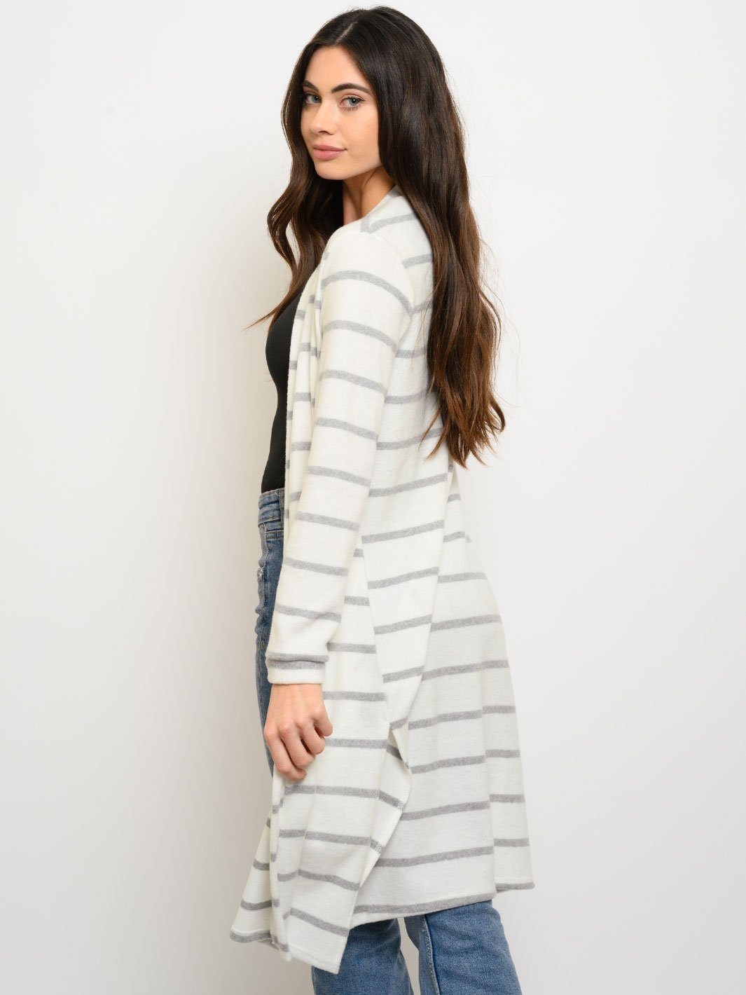 WOMEN'S LONG SLEEVE STRIPES POCKETS CARDIGAN