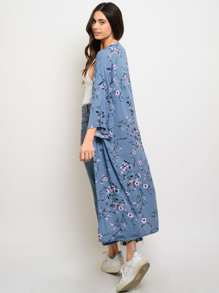 WOMEN'S SHORT SLEEVE FLORAL LONG CARDIGAN