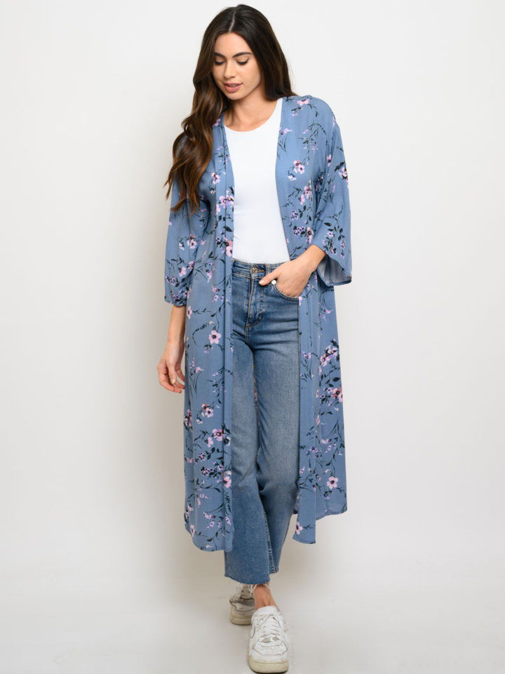 WOMEN'S SHORT SLEEVE FLORAL LONG CARDIGAN