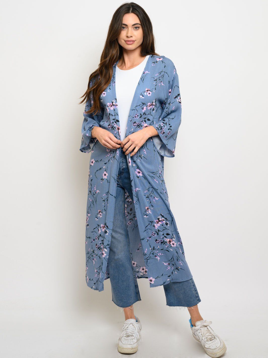 WOMEN'S SHORT SLEEVE FLORAL LONG CARDIGAN