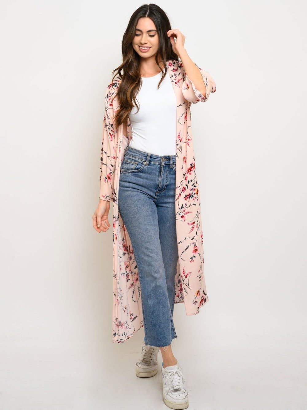 WOMEN'S SHORT SLEEVE FLORAL LONG CARDIGAN