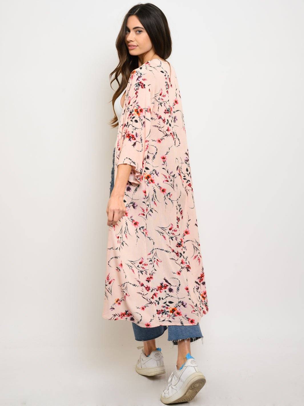 WOMEN'S SHORT SLEEVE FLORAL LONG CARDIGAN