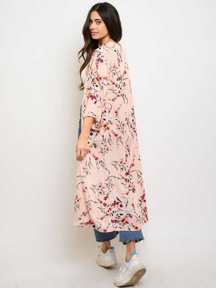 WOMEN'S SHORT SLEEVE FLORAL LONG CARDIGAN