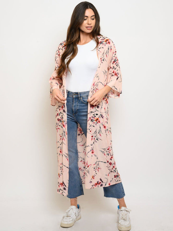 WOMEN'S SHORT SLEEVE FLORAL LONG CARDIGAN