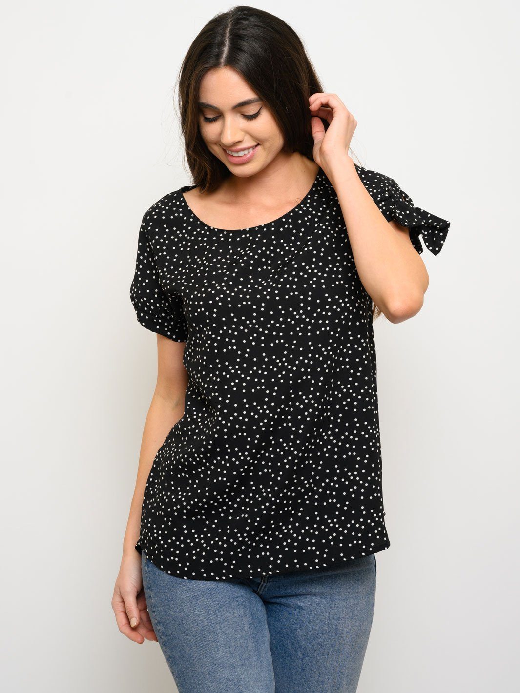 WOMEN'S SHORT DETAIL SLEEVE POLKA DOTS HI-LOW TOP