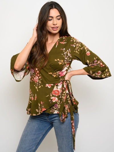 WOMEN'S 3/4 SLEEVES FLORAL WRAP TOP