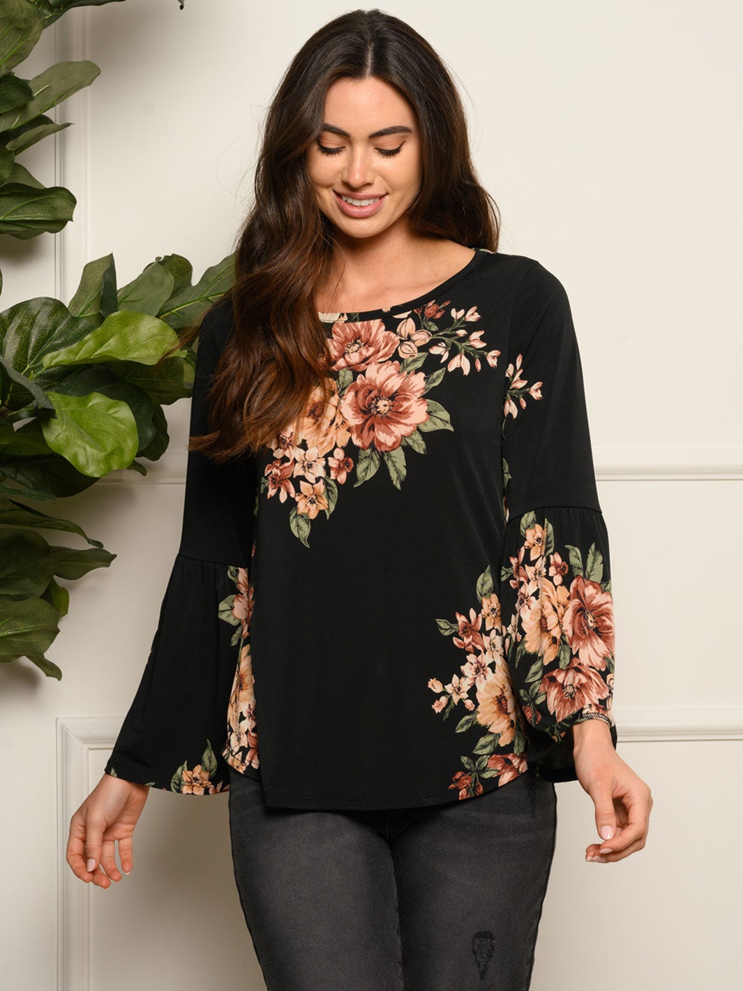 WOMEN'S BELL LONG SLEEVE FLORAL TUNIC TOP