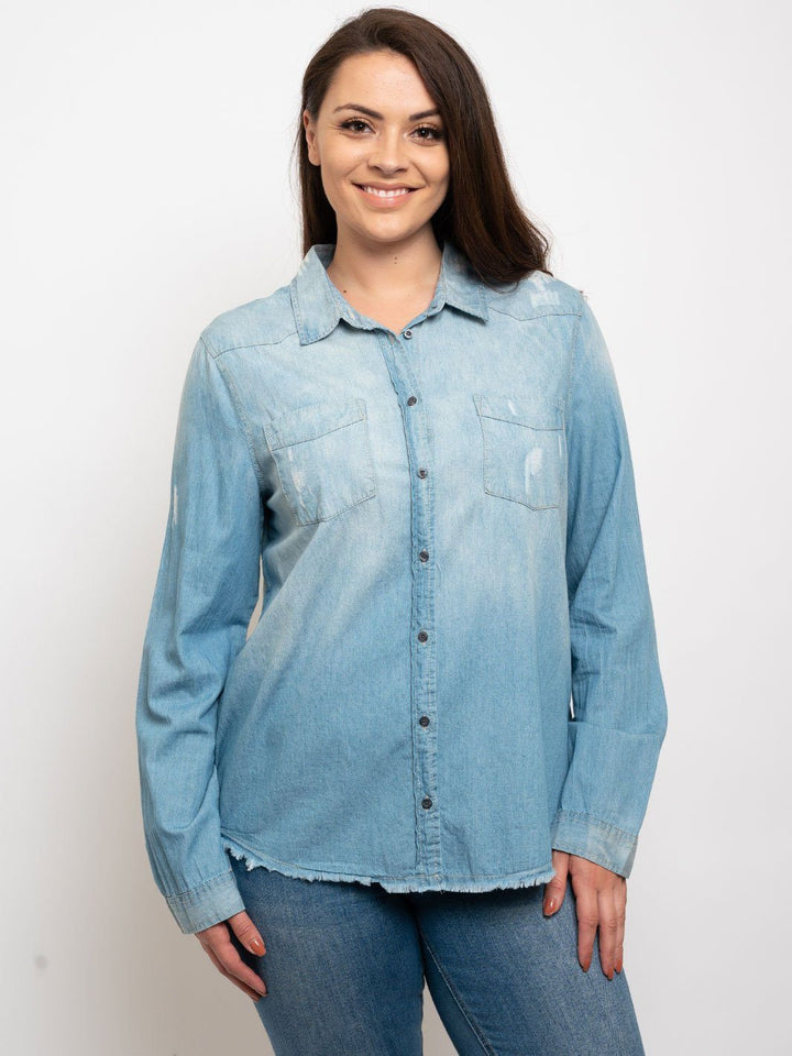 PLUS SIZE FRONT DESTRUCTION DENIM TOP