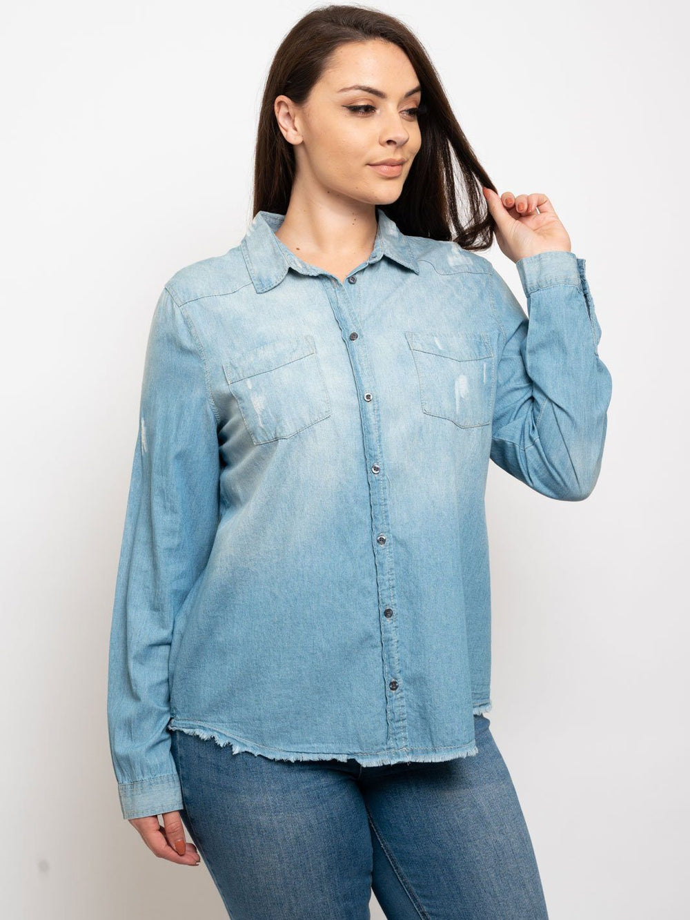 PLUS SIZE FRONT DESTRUCTION DENIM TOP