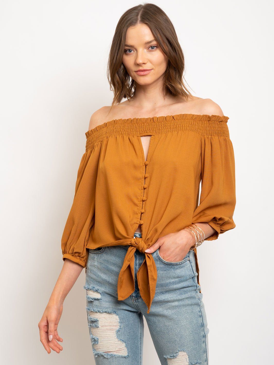 WOMEN'S OFF SHOULDER BUTTON UP FRONT TIE TOP