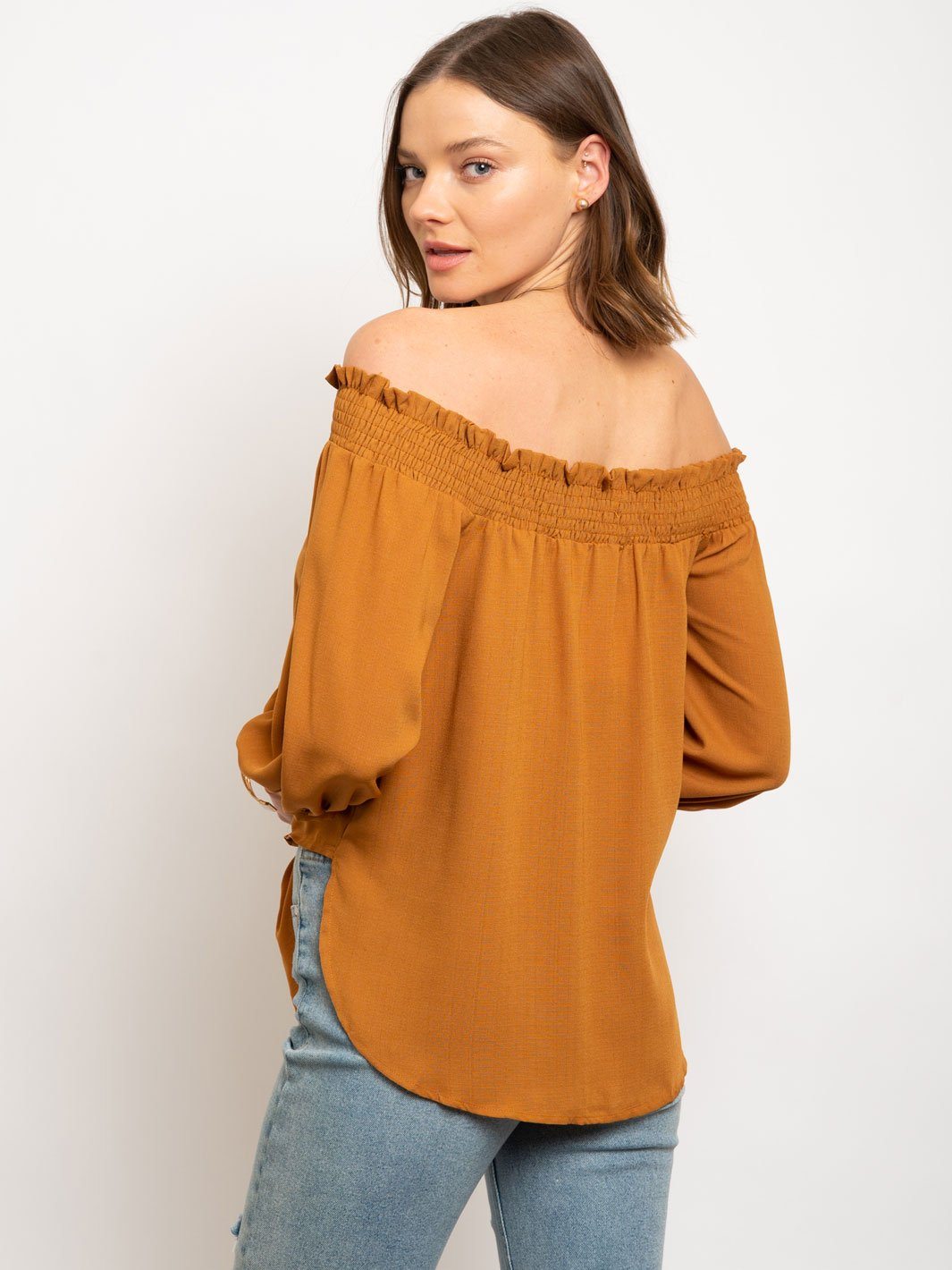 WOMEN'S OFF SHOULDER BUTTON UP FRONT TIE TOP