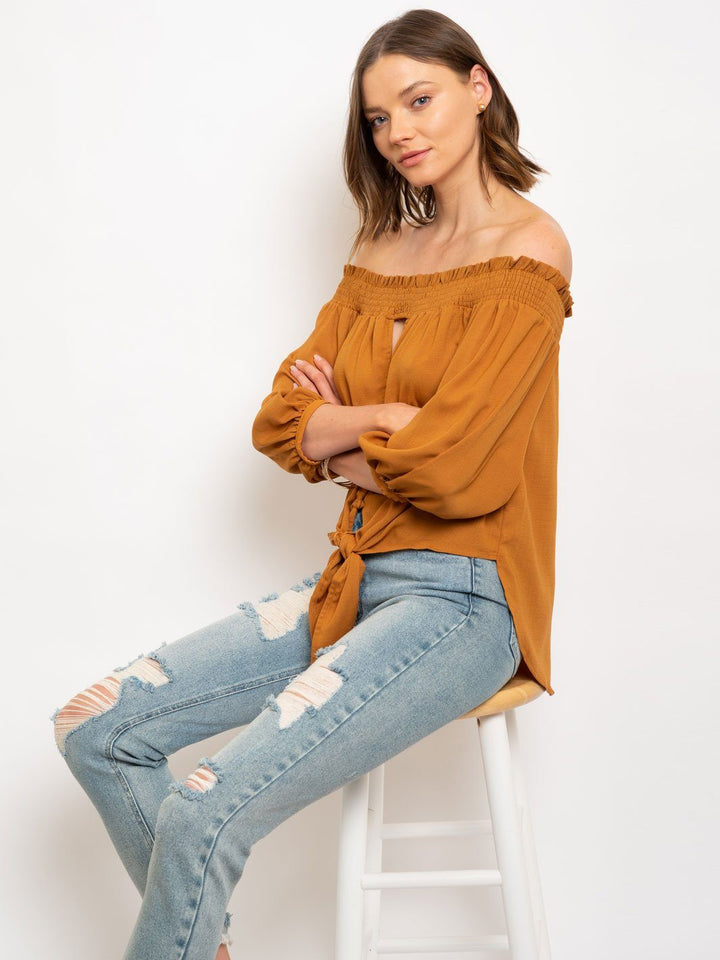WOMEN'S OFF SHOULDER BUTTON UP FRONT TIE TOP