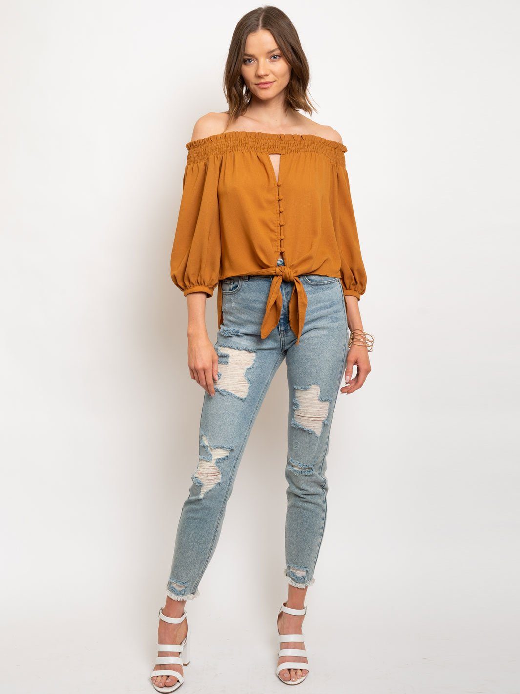 WOMEN'S OFF SHOULDER BUTTON UP FRONT TIE TOP