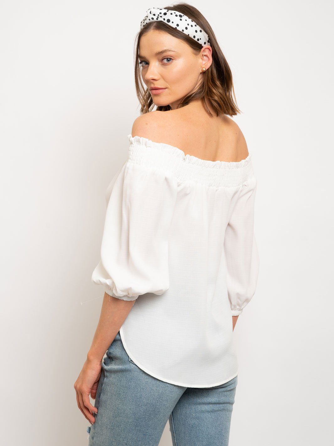WOMEN'S OFF SHOULDER BUTTON UP FRONT TIE TOP
