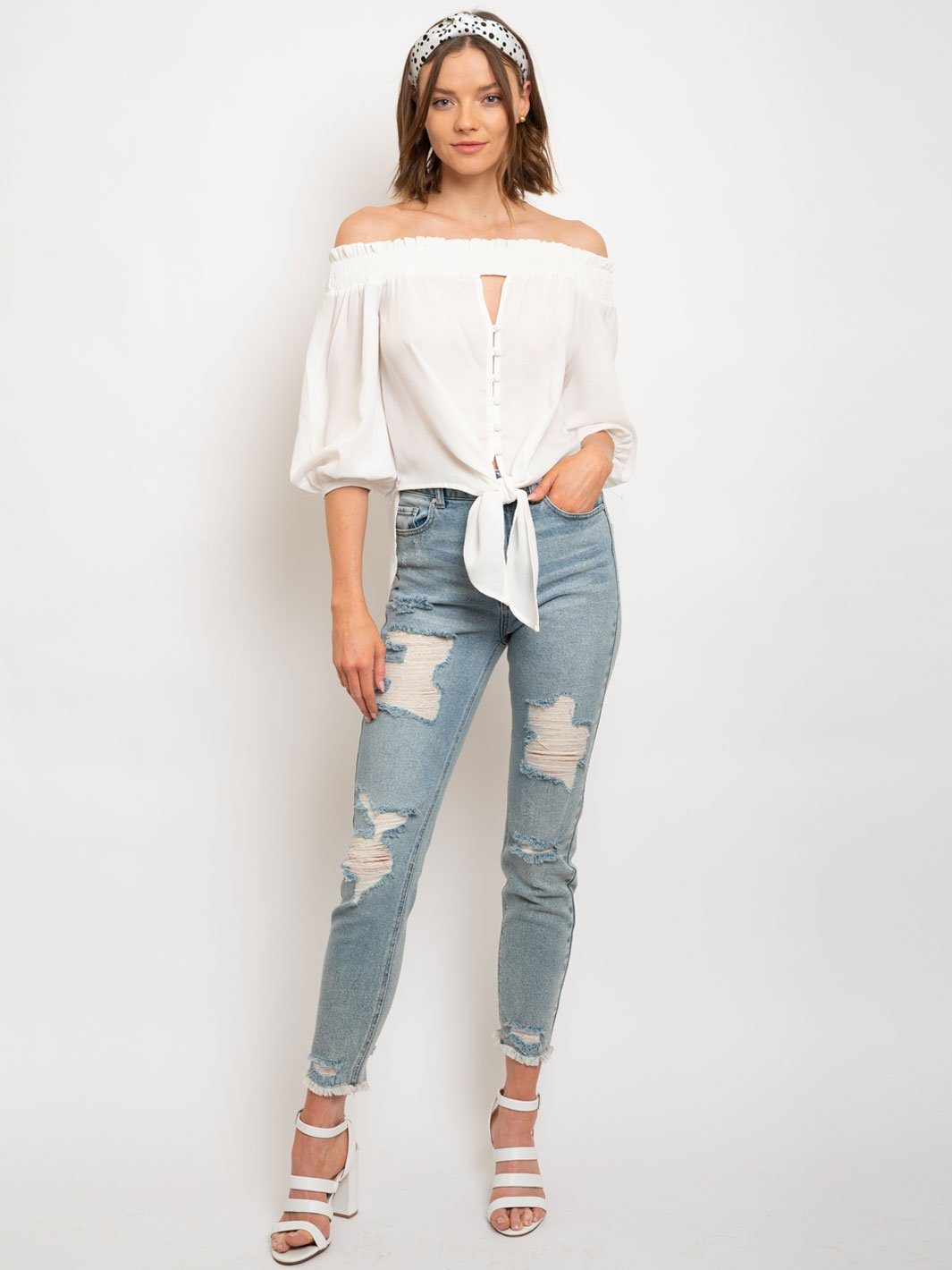 WOMEN'S OFF SHOULDER BUTTON UP FRONT TIE TOP