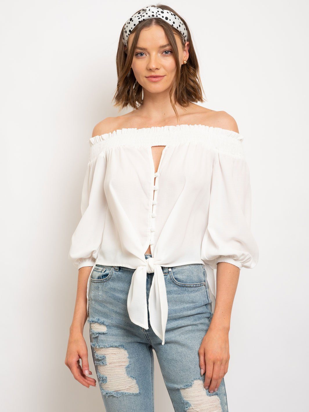 WOMEN'S OFF SHOULDER BUTTON UP FRONT TIE TOP