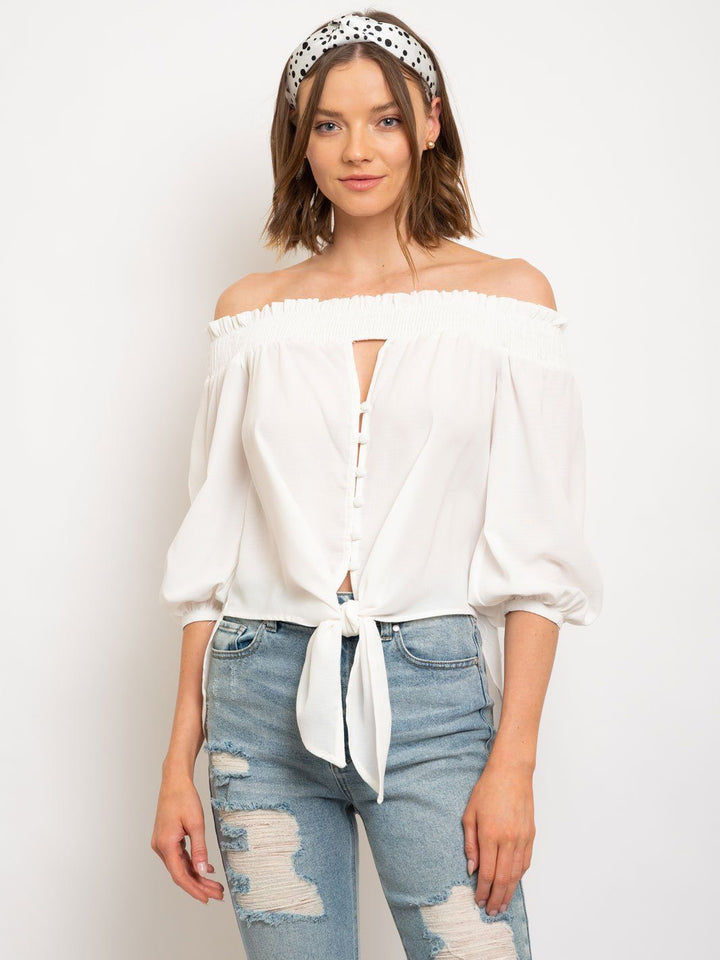 WOMEN'S OFF SHOULDER BUTTON UP FRONT TIE TOP