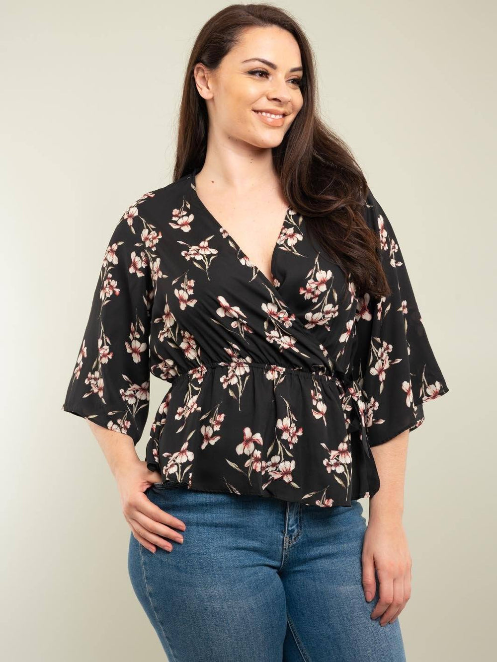 PLUS SIZE BELL SLEEVE FLORAL TOP
