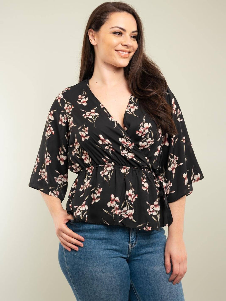 PLUS SIZE BELL SLEEVE FLORAL TOP