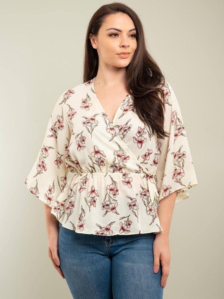 PLUS SIZE BELL SLEEVE FLORAL TOP