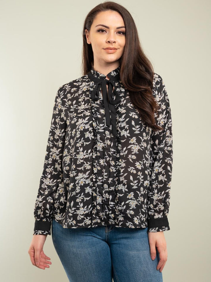 PLUS SIZE LONG SLEEVE NECK TIE FLORAL BLOUSE TOP