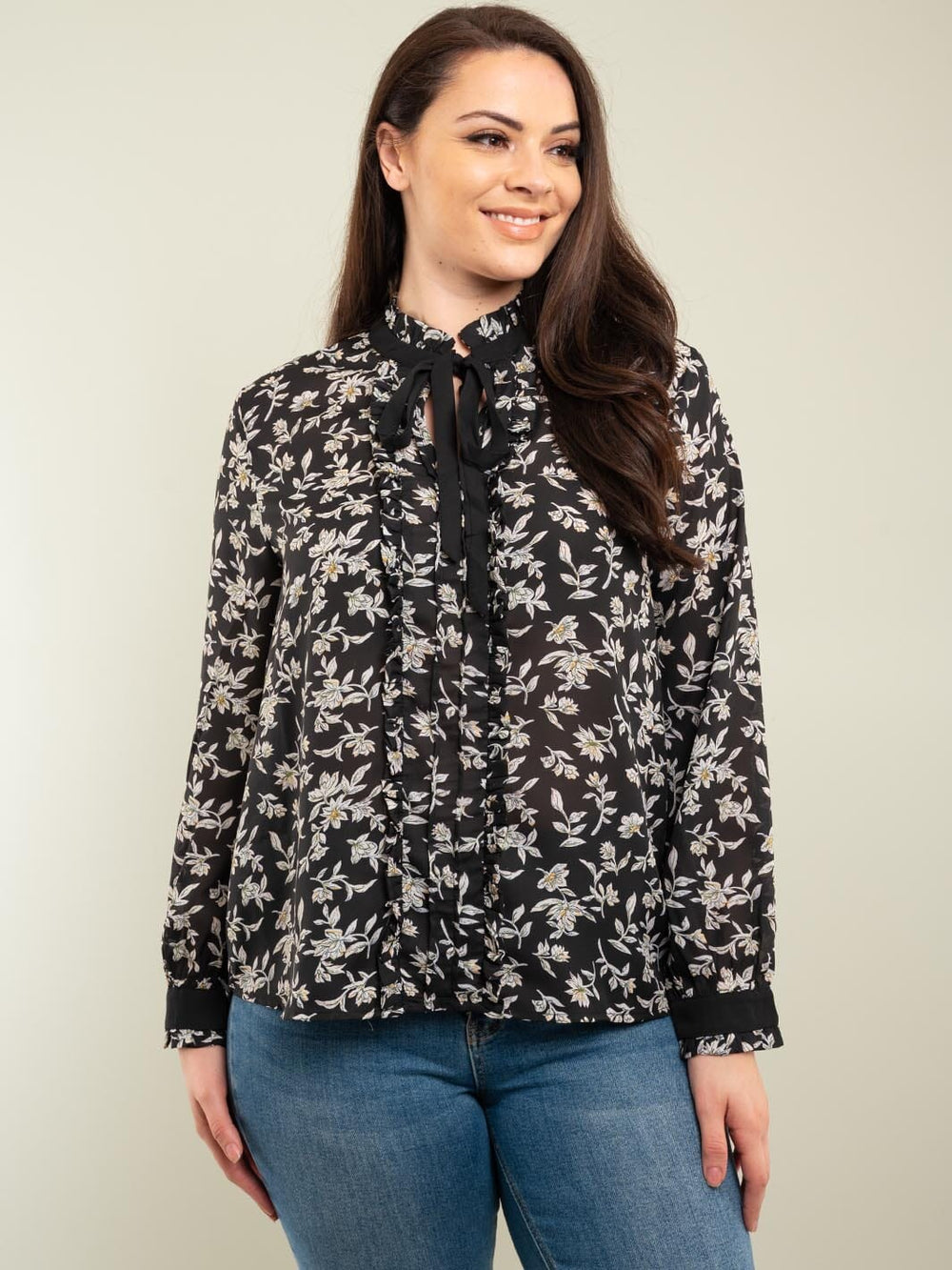 PLUS SIZE LONG SLEEVE NECK TIE FLORAL BLOUSE TOP