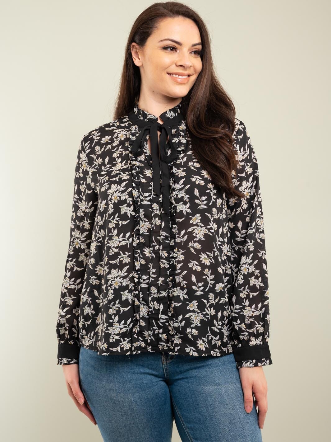 PLUS SIZE LONG SLEEVE NECK TIE FLORAL BLOUSE TOP
