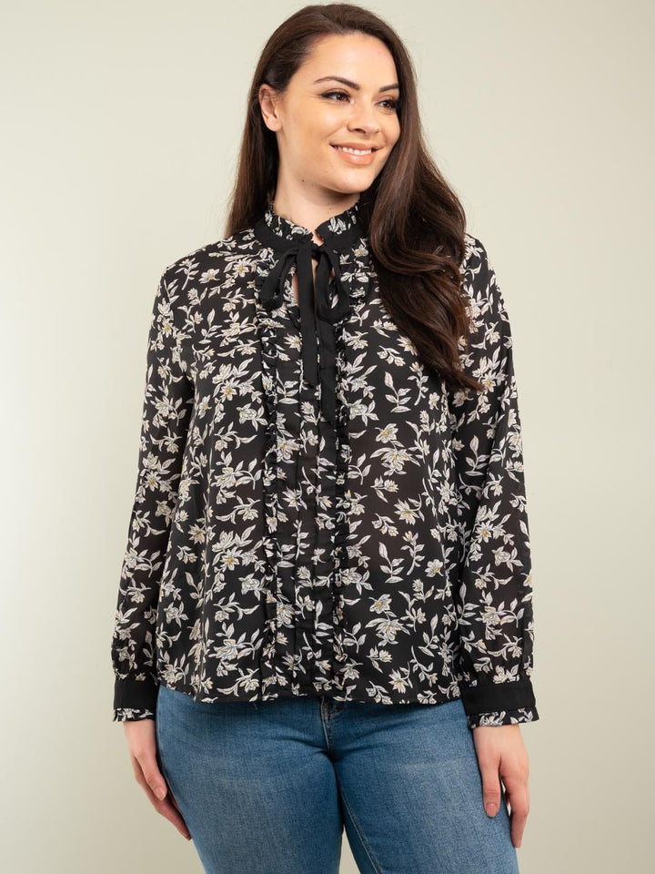 PLUS SIZE LONG SLEEVE NECK TIE FLORAL BLOUSE TOP