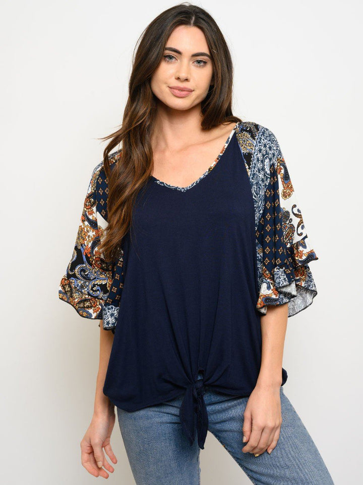 WOMEN'S FRONT KNOT MULTI PRINT 3/4 SLEEVES TOP