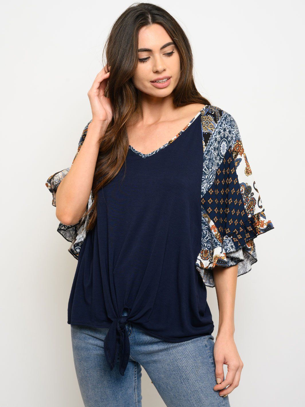 WOMEN'S FRONT KNOT MULTI PRINT 3/4 SLEEVES TOP