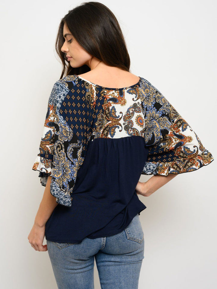 WOMEN'S FRONT KNOT MULTI PRINT 3/4 SLEEVES TOP