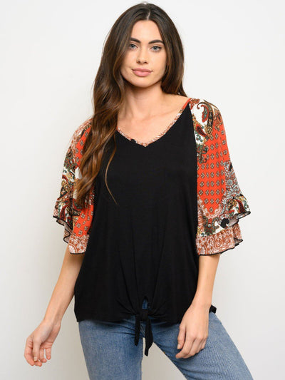 WOMEN'S FRONT KNOT MULTI PRINT 3/4 SLEEVES TOP