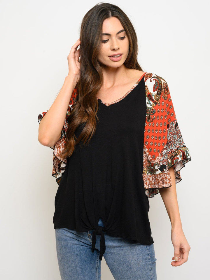 WOMEN'S FRONT KNOT MULTI PRINT 3/4 SLEEVES TOP