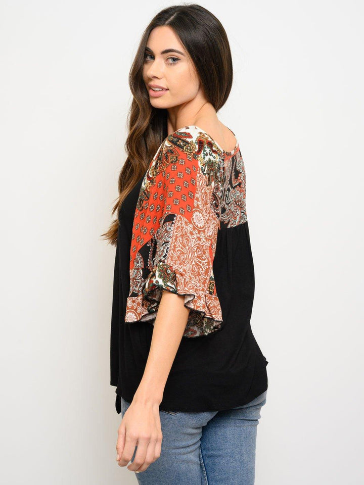 WOMEN'S FRONT KNOT MULTI PRINT 3/4 SLEEVES TOP