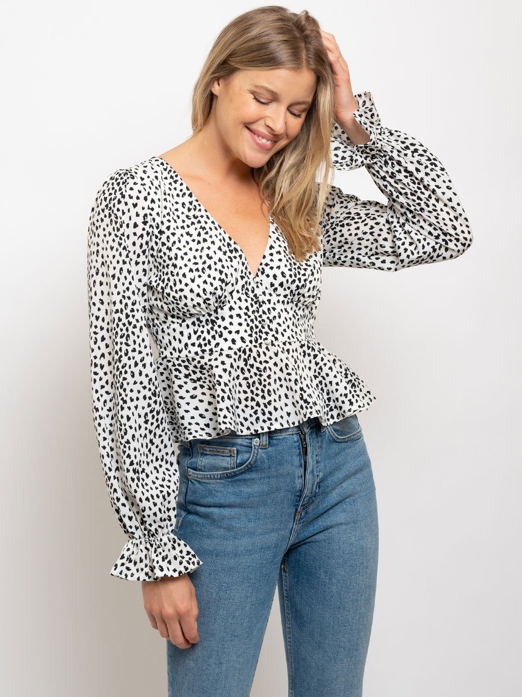 WOMEN'S LEOPARD PRINT V-NECK LONG SLEEVE TOP