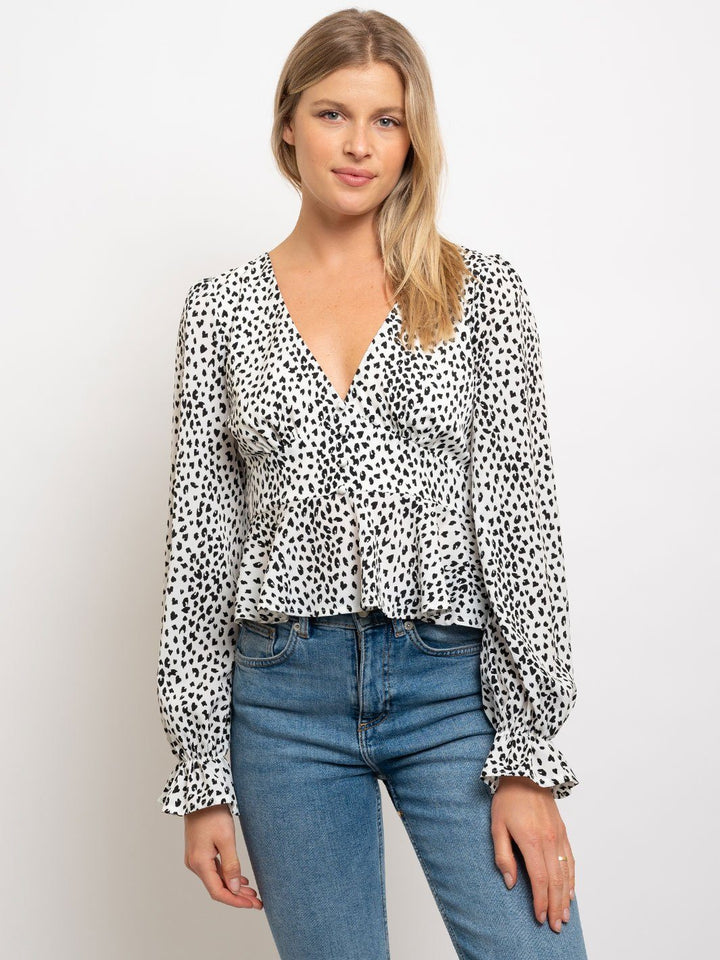 WOMEN'S LEOPARD PRINT V-NECK LONG SLEEVE TOP