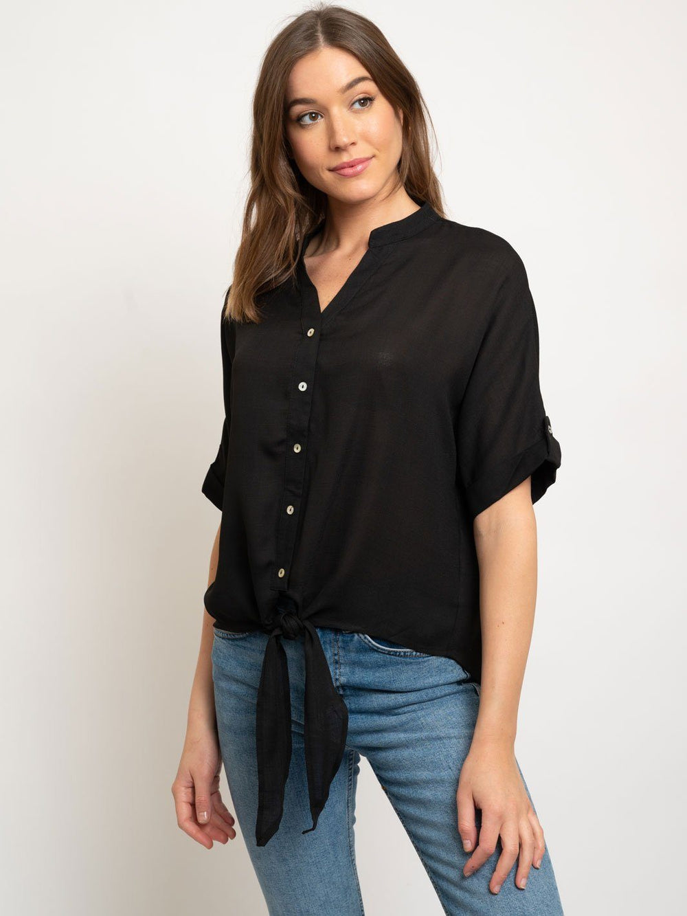 WOMEN'S BUTTON DOWN TIE FRONT TAB SLEEVE PEASANT TOP