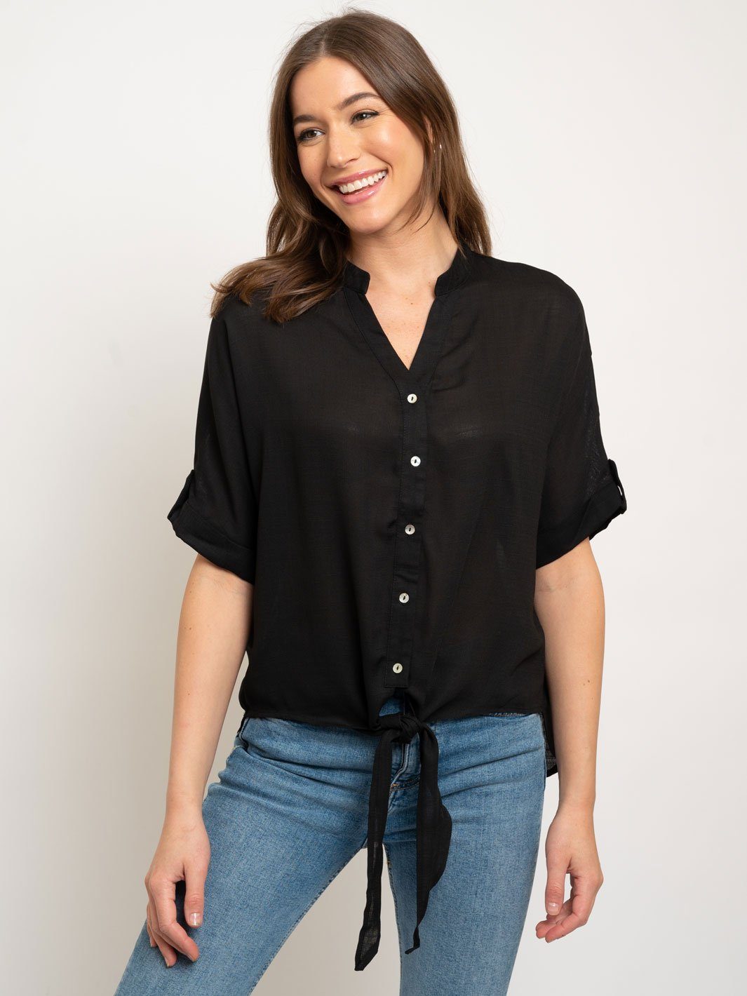 WOMEN'S BUTTON DOWN TIE FRONT TAB SLEEVE PEASANT TOP