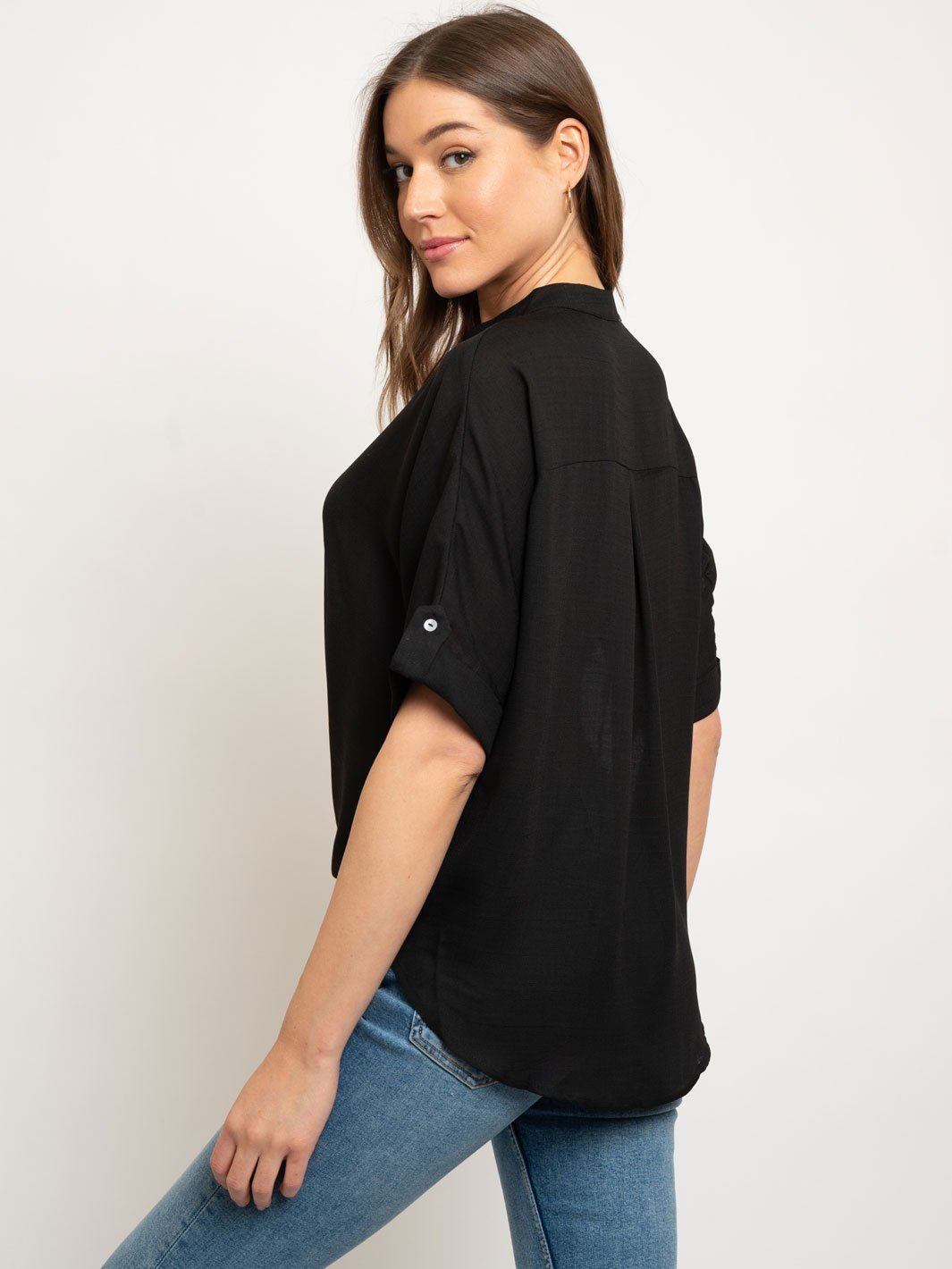 WOMEN'S BUTTON DOWN TIE FRONT TAB SLEEVE PEASANT TOP