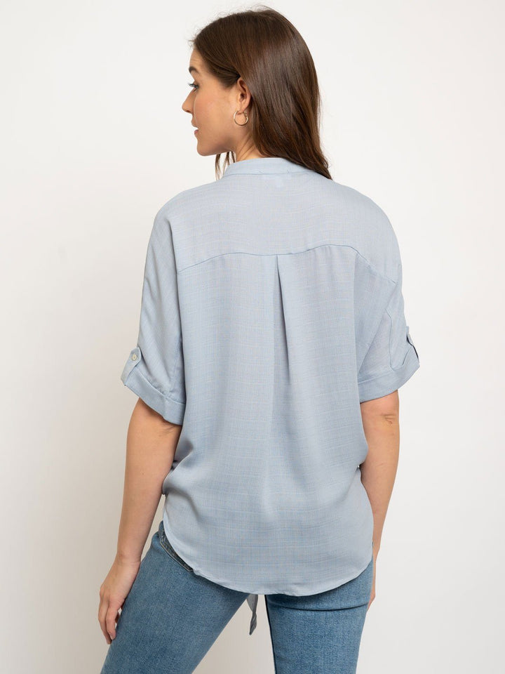 WOMEN'S BUTTON DOWN TIE FRONT TAB SLEEVE PEASANT TOP