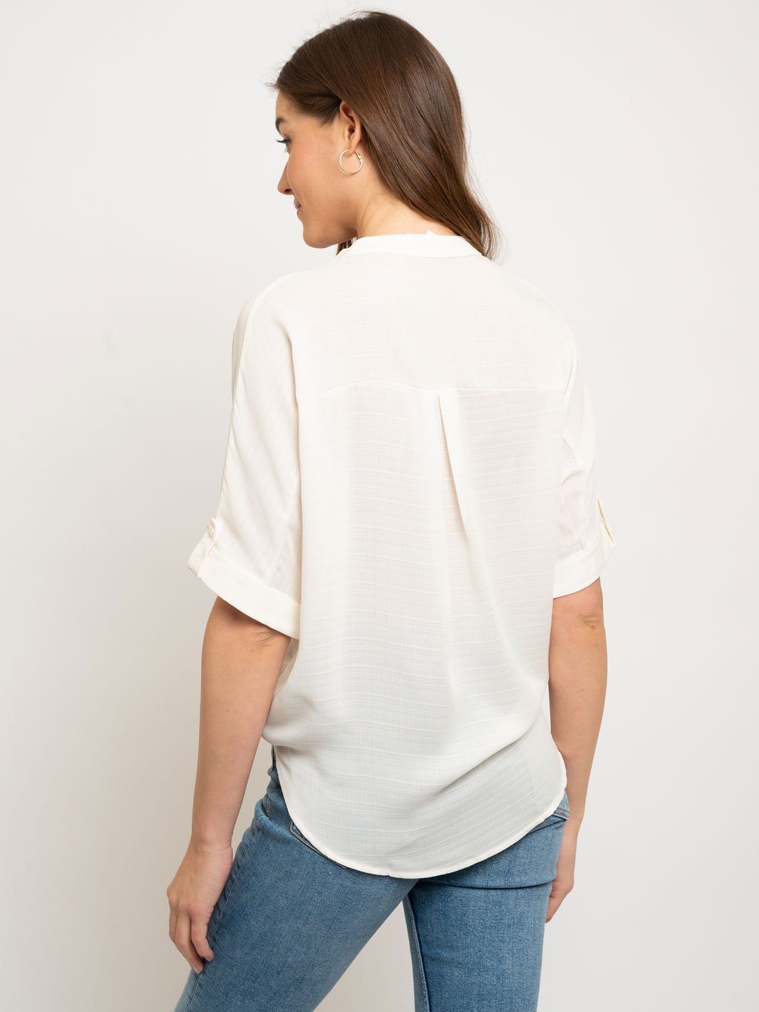 WOMEN'S BUTTON DOWN TIE FRONT TAB SLEEVE PEASANT TOP