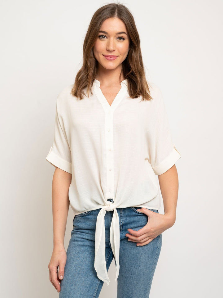 WOMEN'S BUTTON DOWN TIE FRONT TAB SLEEVE PEASANT TOP