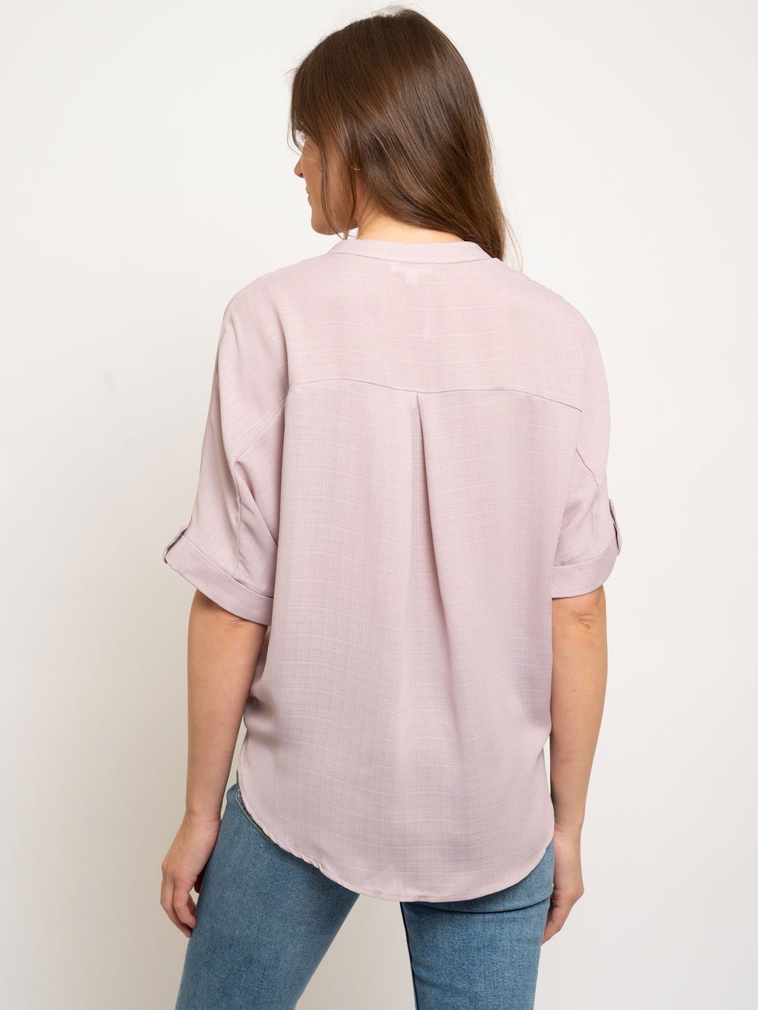 WOMEN'S BUTTON DOWN TIE FRONT TAB SLEEVE PEASANT TOP