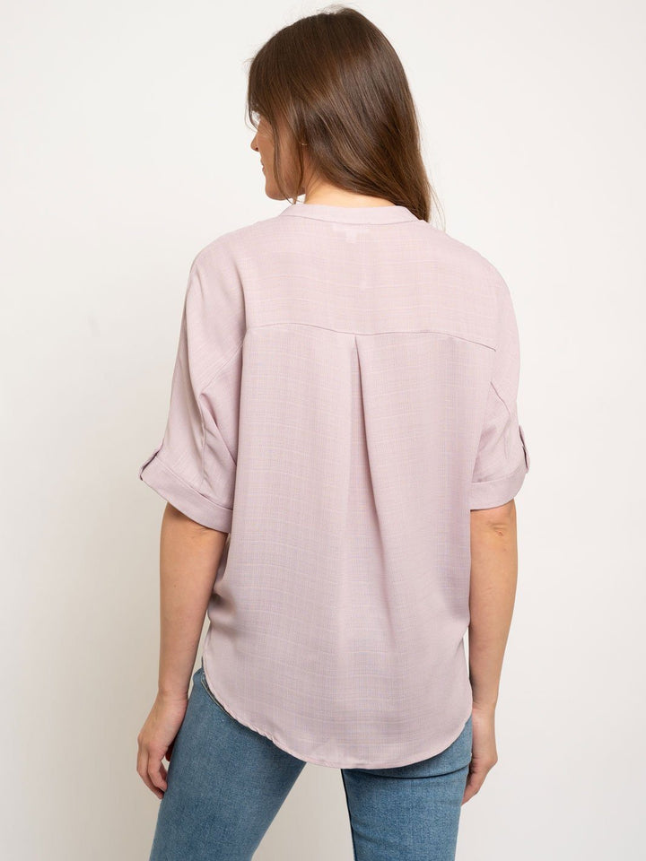 WOMEN'S BUTTON DOWN TIE FRONT TAB SLEEVE PEASANT TOP