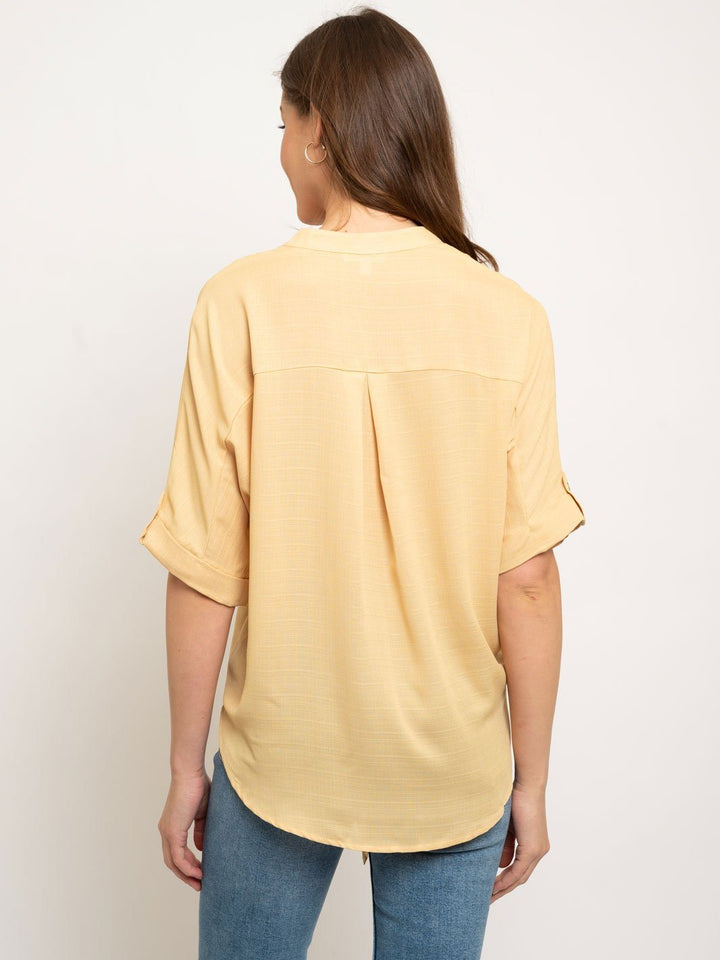 WOMEN'S BUTTON DOWN TIE FRONT TAB SLEEVE PEASANT TOP