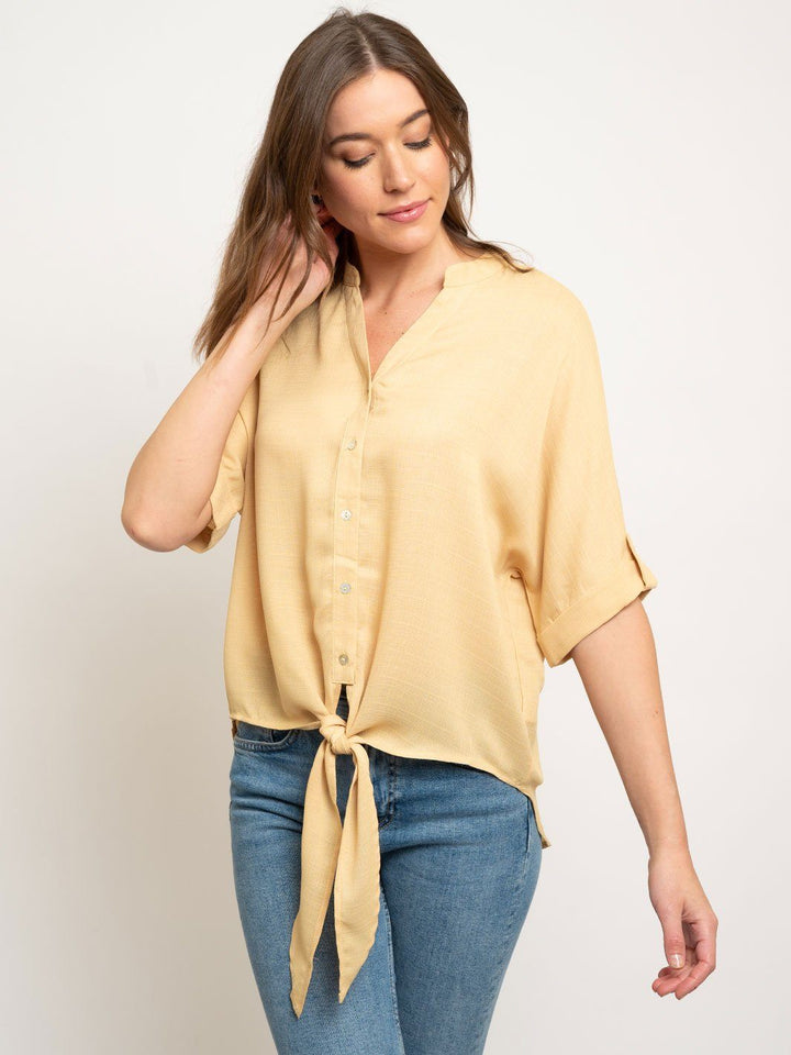 WOMEN'S BUTTON DOWN TIE FRONT TAB SLEEVE PEASANT TOP