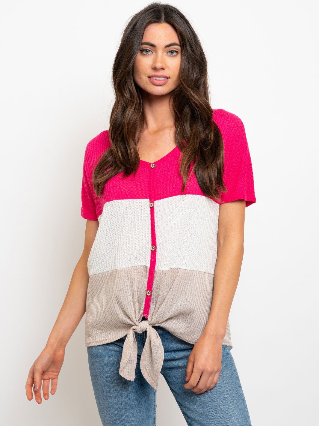 WOMEN'S COLOR BLOCK BUTTON UP TOP