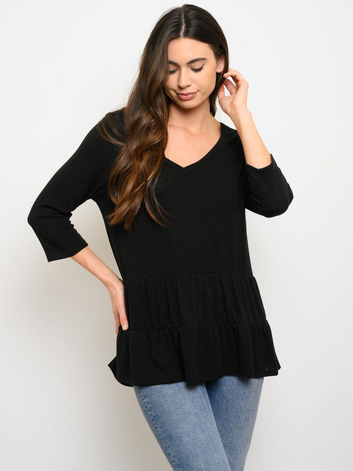 WOMEN'S 3/4 SLEEVE V-NECK PEPLUM TOP
