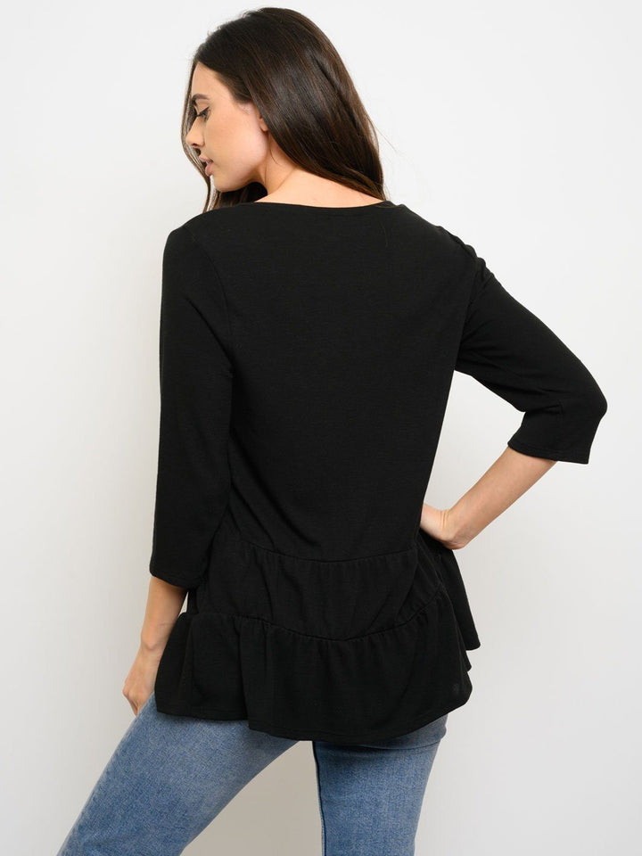 WOMEN'S 3/4 SLEEVE V-NECK PEPLUM TOP