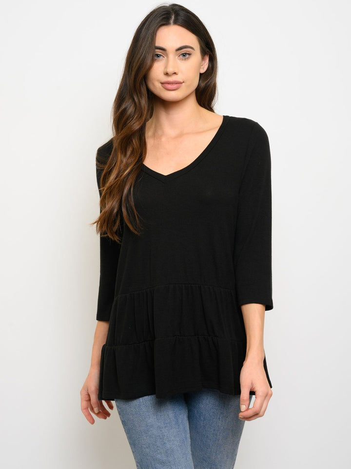 WOMEN'S 3/4 SLEEVE V-NECK PEPLUM TOP